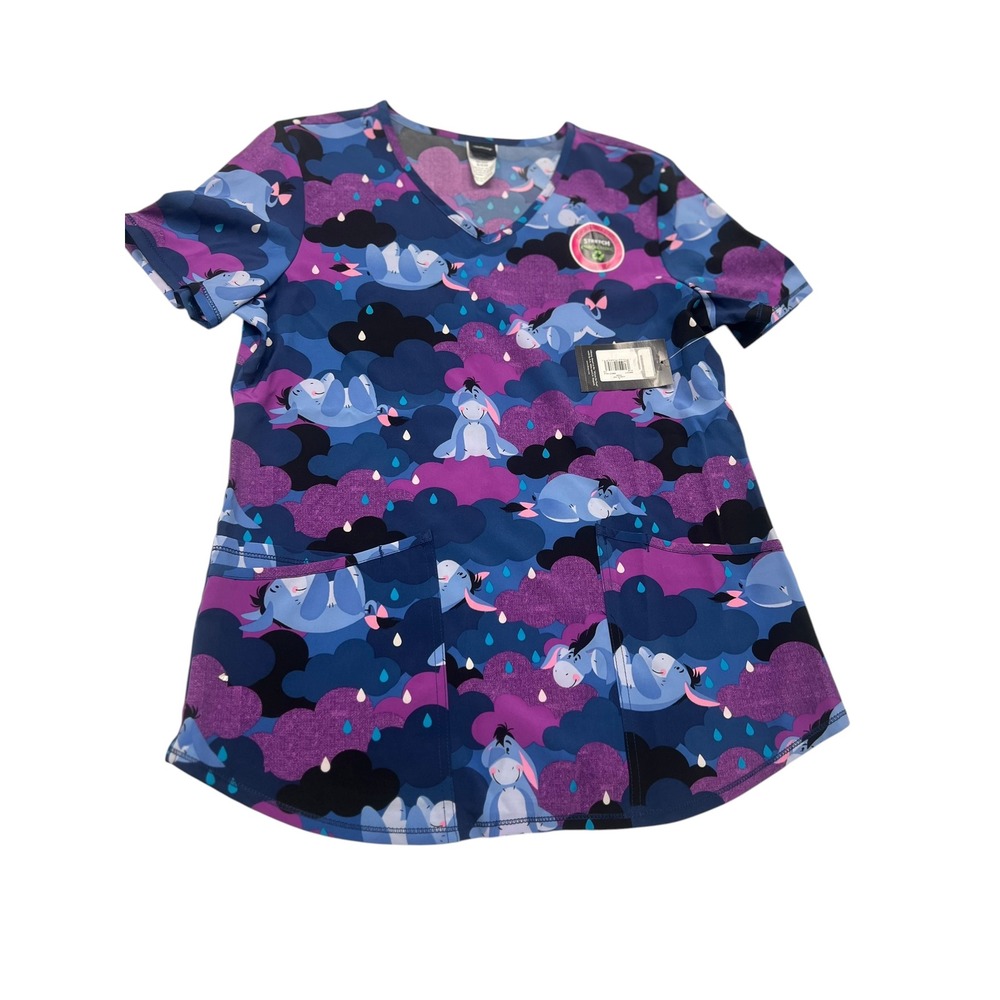 Disney Eeyore Scrub Top Womens Small V-Neck Blue Purple Cloud Print WM14T745LA